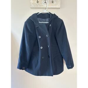 Women's Cashmere Wool Blend Black Double Breasted Hooded Peacoat